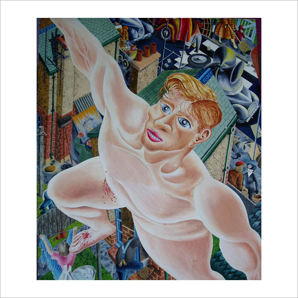 Naked man floating above houses